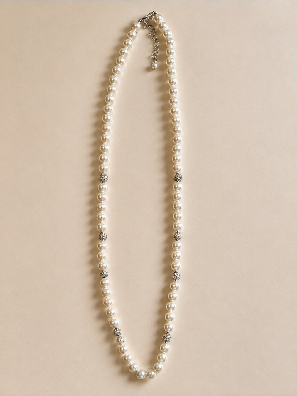 Pearl and Rhinestone Long Necklace - Ivory